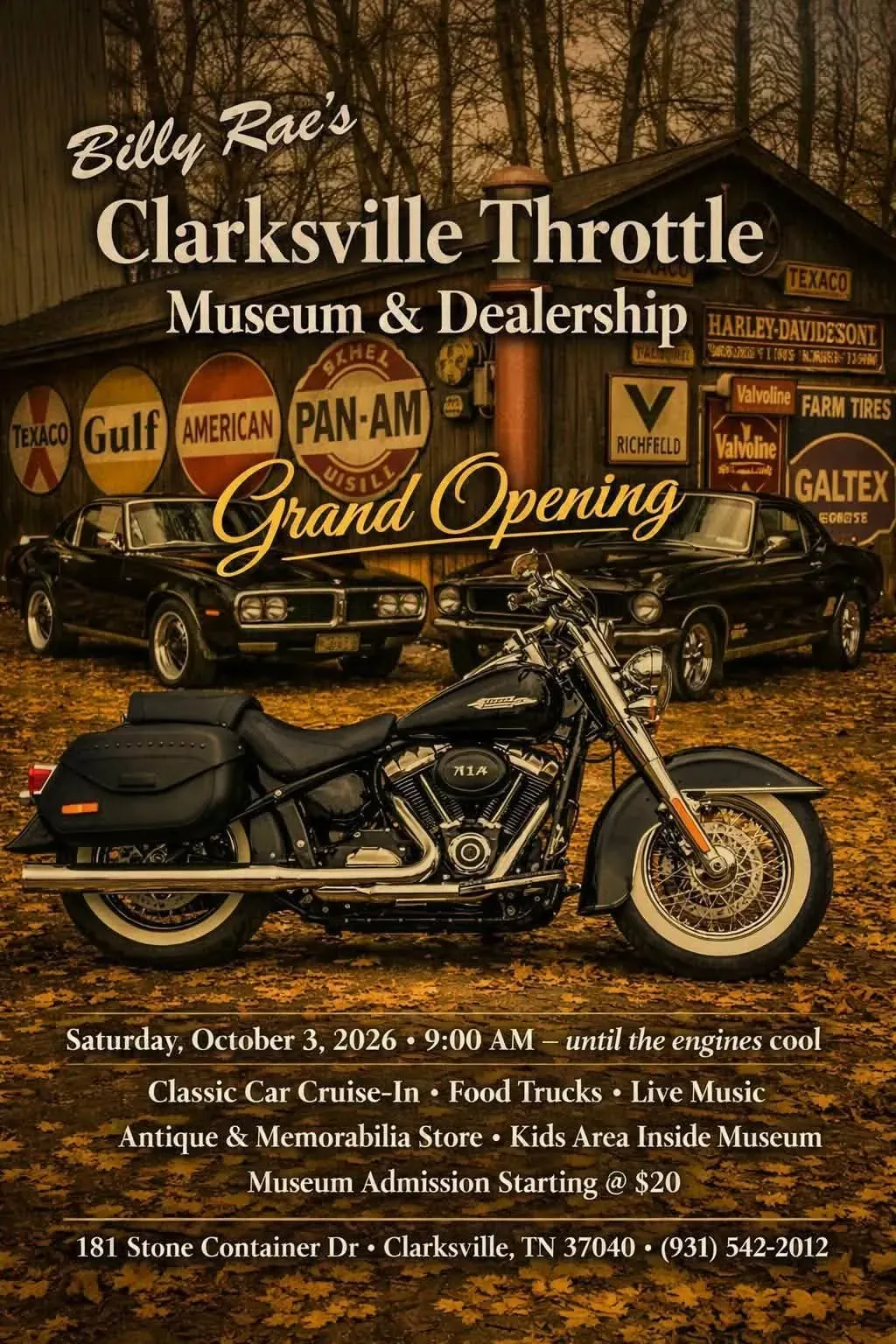 Billy Rae's Clarksville Throttle Museum & Dealership Grand Opening flyer
