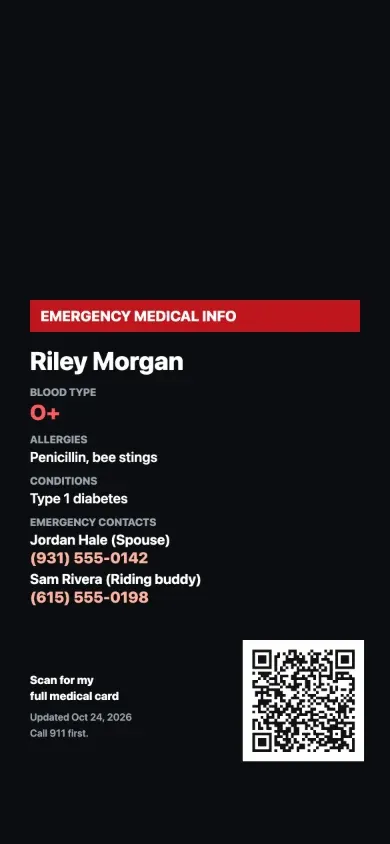 A phone lock-screen image: a red Emergency Medical Info banner, the rider's name, blood type O+, allergies, conditions, two emergency contacts with phone numbers, and a QR code with the words Scan for my full medical card and Call 911 first