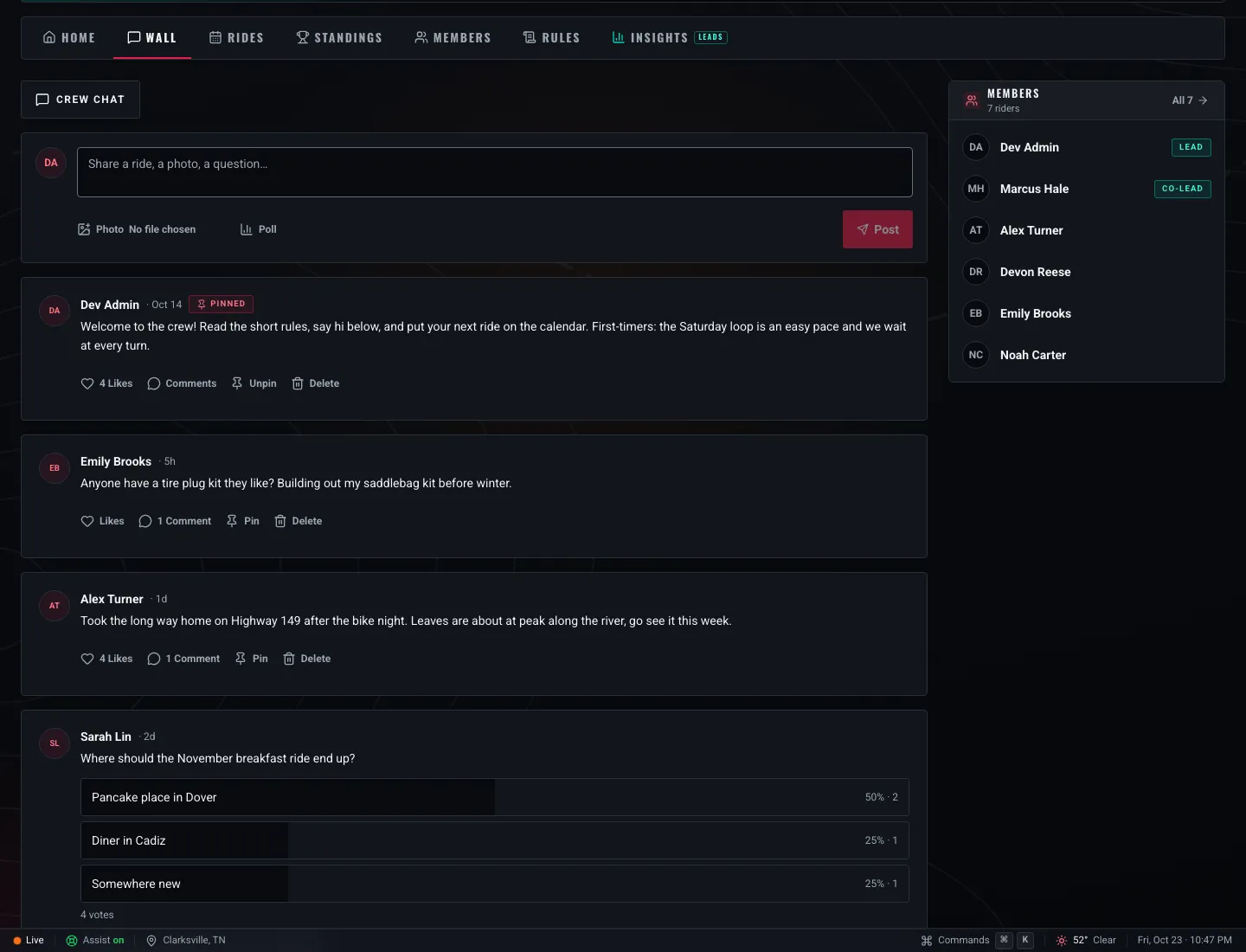 An example crew wall: a pinned welcome post from the lead, a question about tire plug kits, a ride report, and a poll on where the breakfast ride should end up