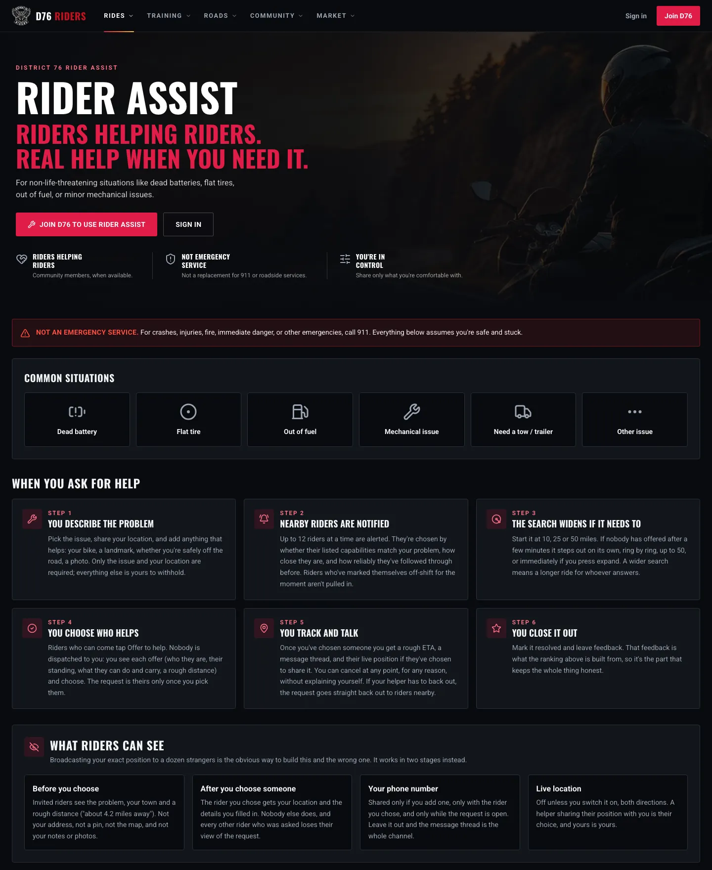 The Rider Assist page: the not-an-emergency notice, the common situations it covers, the six steps of asking for help, and what riders can see before and after you choose someone