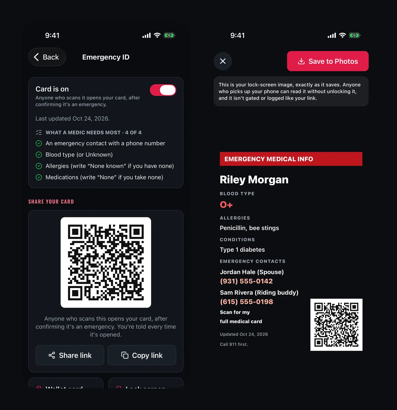 The app's Emergency ID screen with the card switched on, a checklist of what a medic needs most and the QR code with Share link and Copy link, next to the lock-screen image with the rider's blood type, allergies, conditions, emergency contacts and the QR code