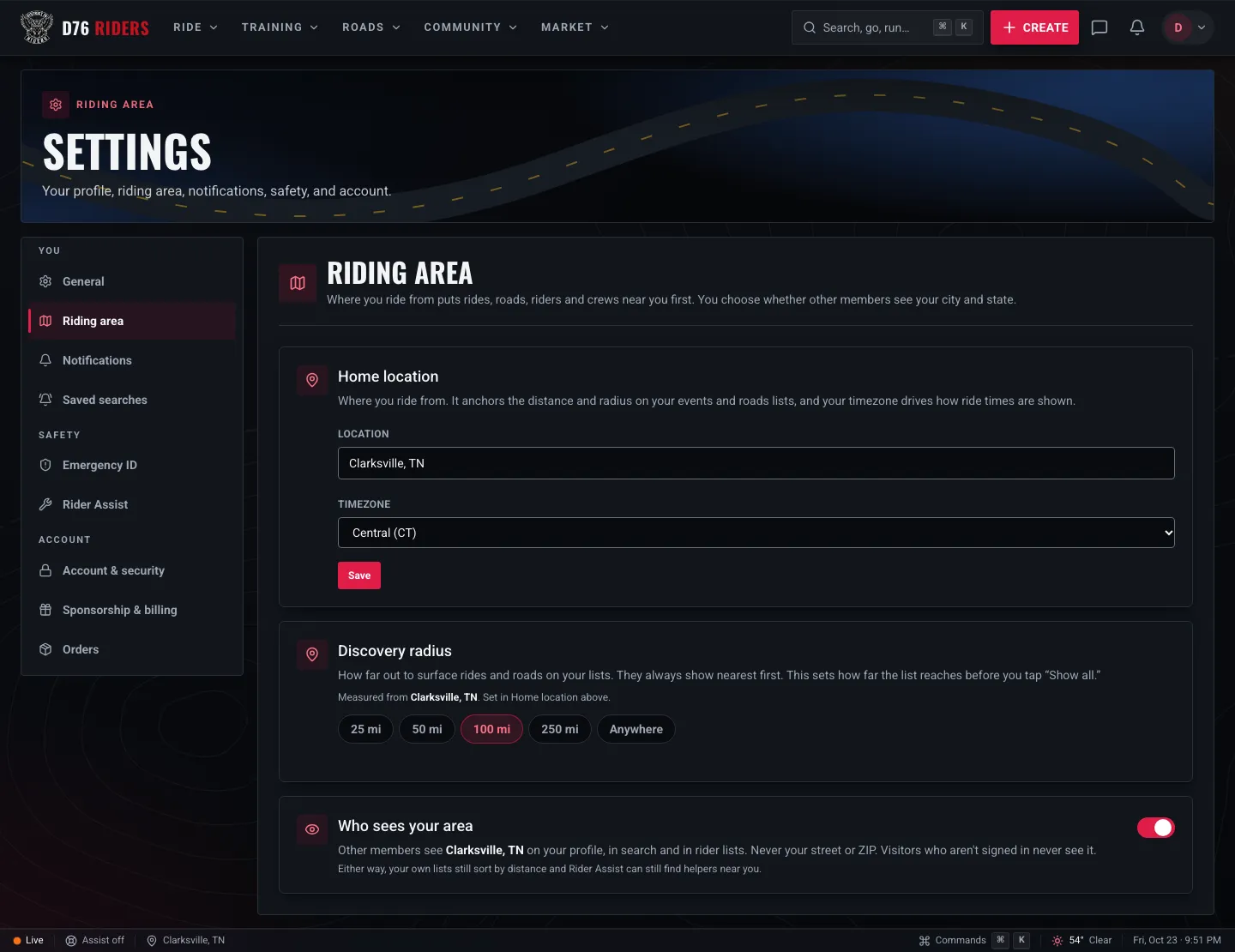 The Riding area settings page: home location, timezone, the discovery radius buttons for 25, 50, 100 and 250 miles or anywhere, and the Who sees your area switch