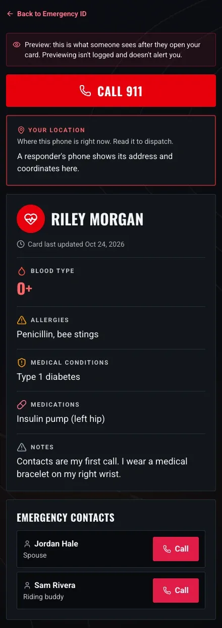 The responder's view of a sample card: a large Call 911 button, a Your location panel, the rider's name, when the card was last updated, blood type O+, allergies, medical conditions, medications and notes, and two emergency contacts with Call buttons