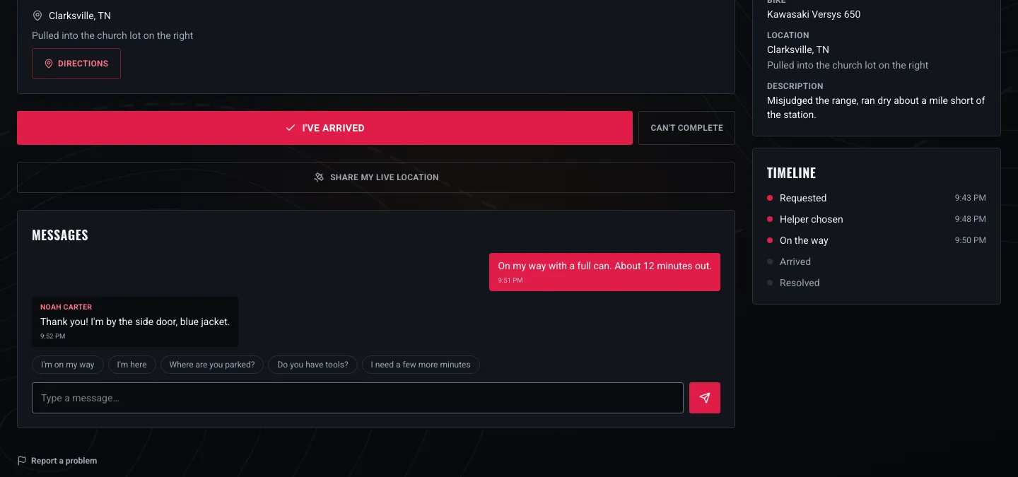 The chosen helper's view: an I've arrived button, a share my live location switch, the message thread with quick replies, and the request timeline