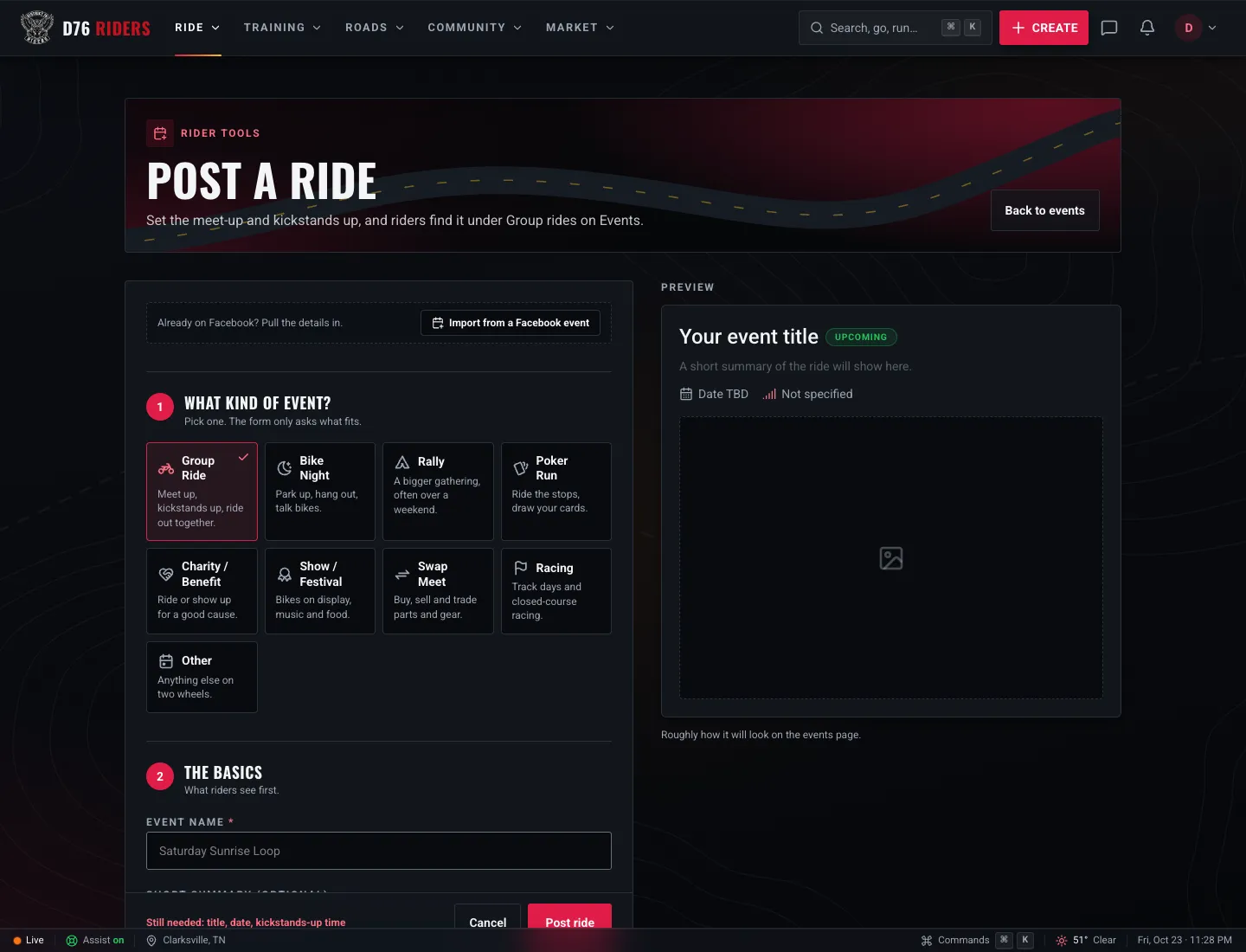 The Post a Ride form: an Import from a Facebook event option, the event type tiles from group ride to other, the event name, and a live preview of how it will look