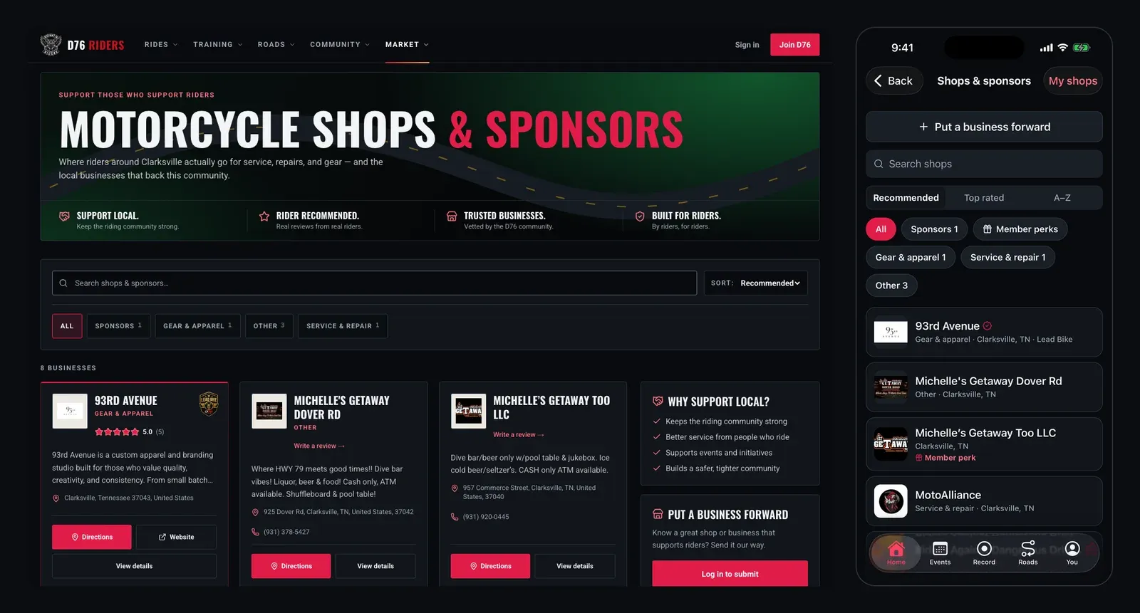 Shops and sponsors side by side. On the website: the Motorcycle Shops and Sponsors directory with a search box, category filters and cards for local businesses with directions. In the app on iPhone: Put a business forward, a search box, Recommended, Top rated and A to Z sorting, filters including Member perks, and the list of local shops