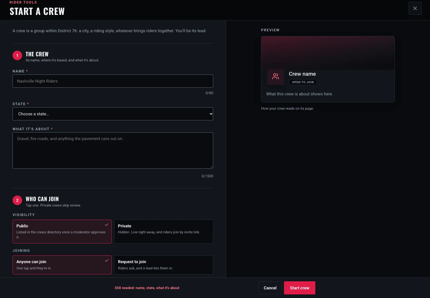 The Start a Crew form: name, state and what it's about, the choice of public or private and of anyone can join or request to join, with a live preview of the crew card