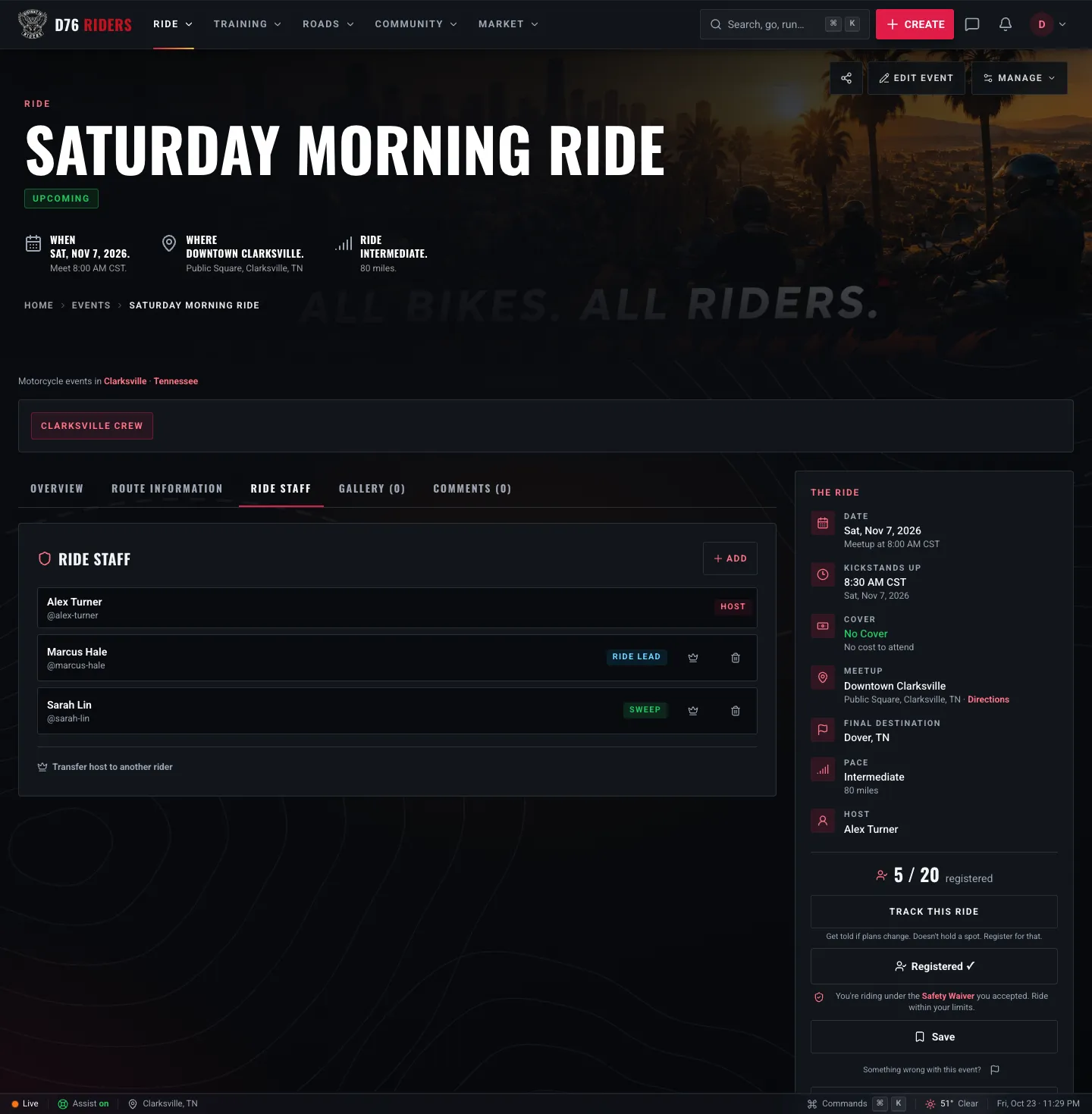 An example group ride page with the Ride Staff tab open: host, ride lead and sweep, and the sidebar showing meetup, kickstands up, final destination, pace and distance, registrations out of the cap, and the Registered button