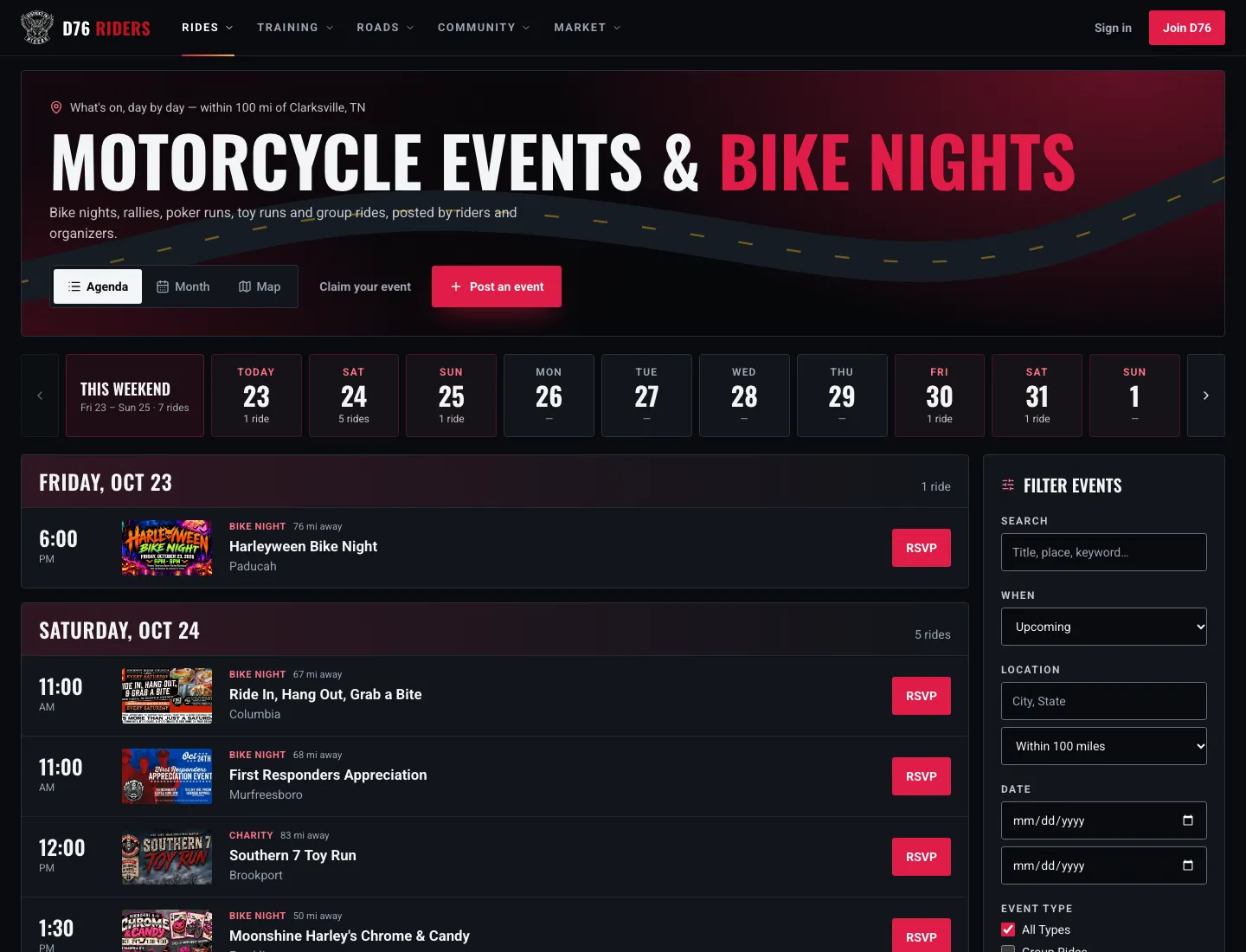 The Events page with a riding area: rides within 100 miles of Clarksville, TN, each one showing how far away it is