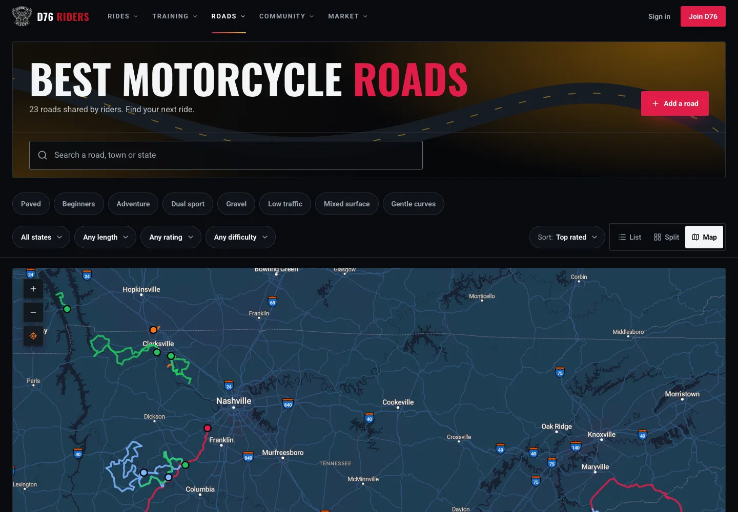 The Roads map view: rider-drawn routes around Clarksville, Nashville and Franklin, Tennessee, drawn in color on a dark map