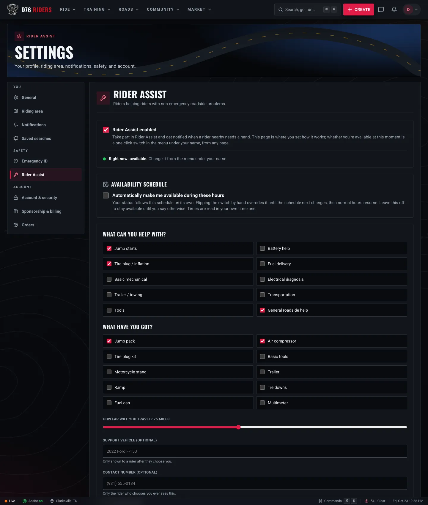 Rider Assist settings: the enable switch, an availability schedule, what you can help with, what you have on hand, how far you will travel, and optional vehicle and phone fields