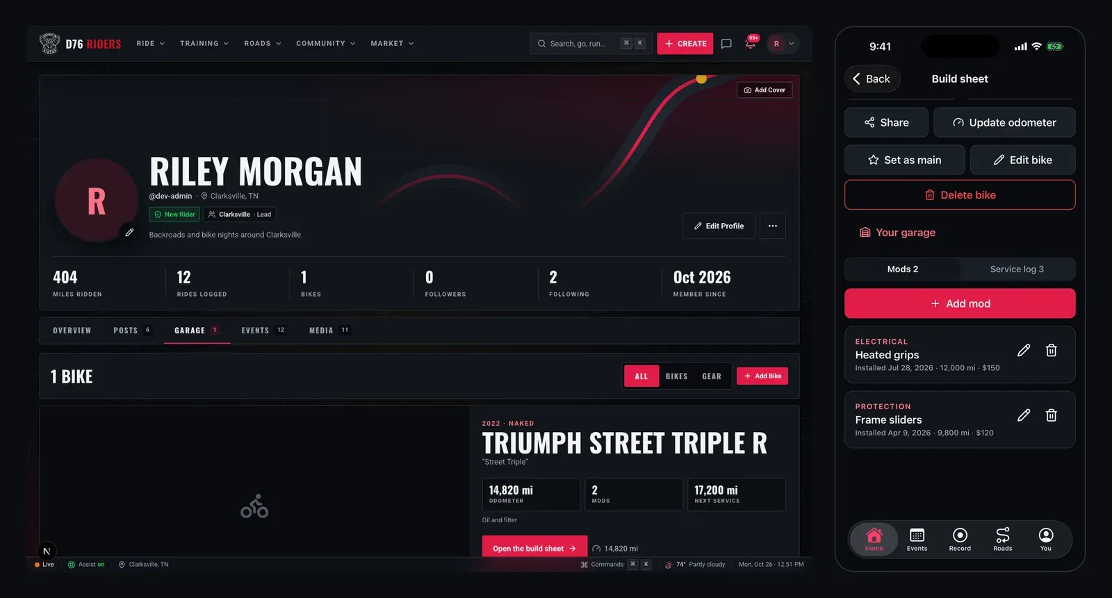 A garage side by side. On the website: a 2022 Triumph Street Triple R with its odometer at 14,820 miles, 2 mods and the next service due at 17,200 miles for an oil and filter. In the app on iPhone: the build sheet with Mods and Service log tabs, listing Heated grips and Frame sliders with the date, mileage and cost of each