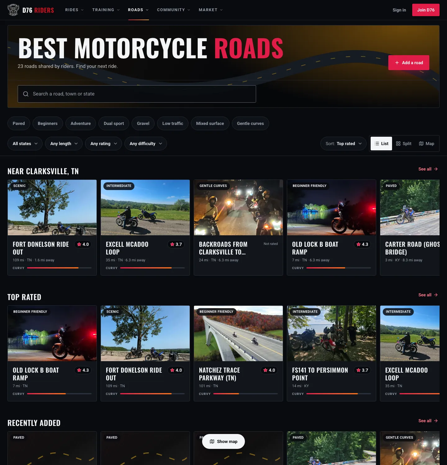 The Roads page: Best Motorcycle Roads, a search box, riding style chips, filters for state, length, rating and difficulty, a Near Clarksville row of road cards with photos, ratings and distance, and a Top Rated row