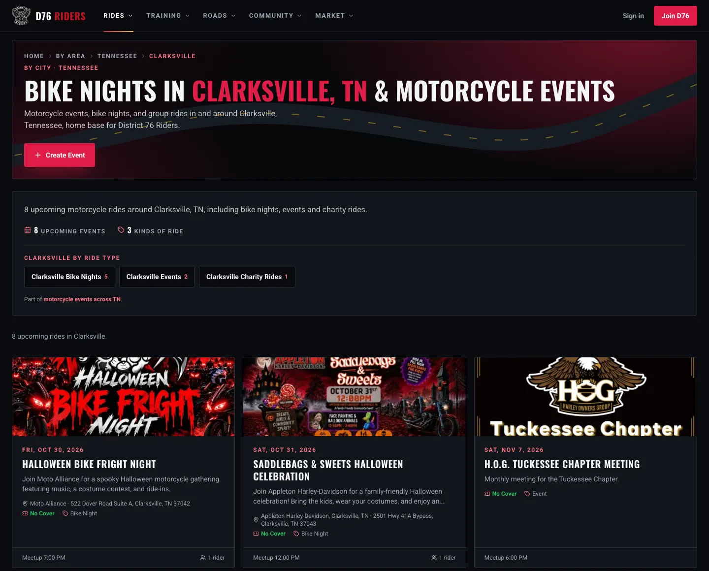 The Clarksville, TN events page: upcoming motorcycle events with a breakdown by type into bike nights, events and charity rides, and event cards with flyers, dates, places and cover