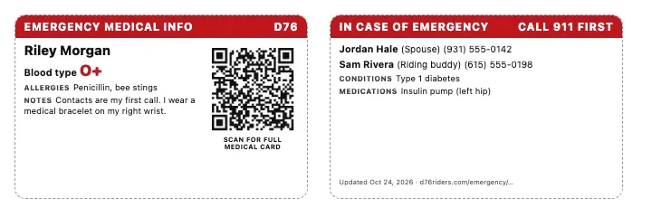 A printed wallet card, front and back. The front says Emergency Medical Info with the rider's name, blood type O+, allergies, notes and a QR code labelled Scan for full medical card. The back says In case of emergency, call 911 first, with two emergency contacts, conditions and medications