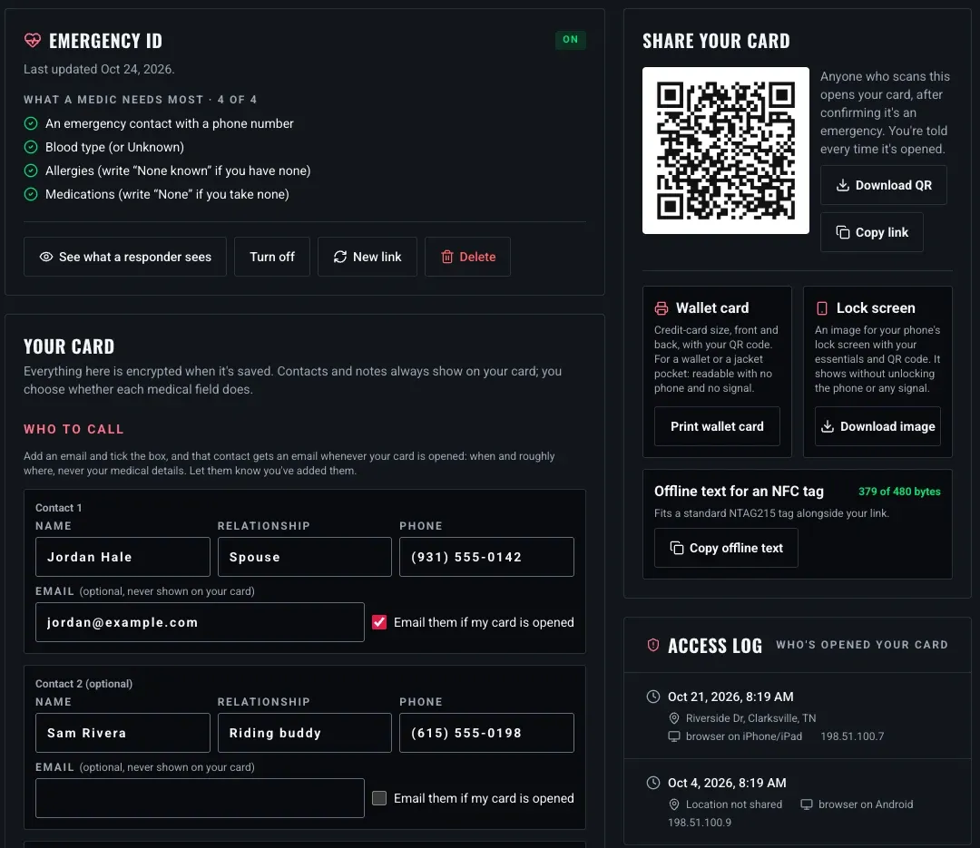 The Emergency ID settings page: a status card that reads On with a four-of-four checklist and buttons to preview, turn off, make a new link or delete; a Share your card panel with a QR code, wallet card, lock screen and NFC text options; an access log; and the start of the card form with two emergency contacts