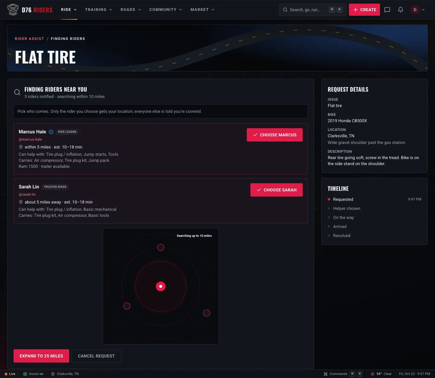 A flat tire request with two offers: each shows the rider's name, standing, rough distance and time, what they can help with and carry, and a Choose button