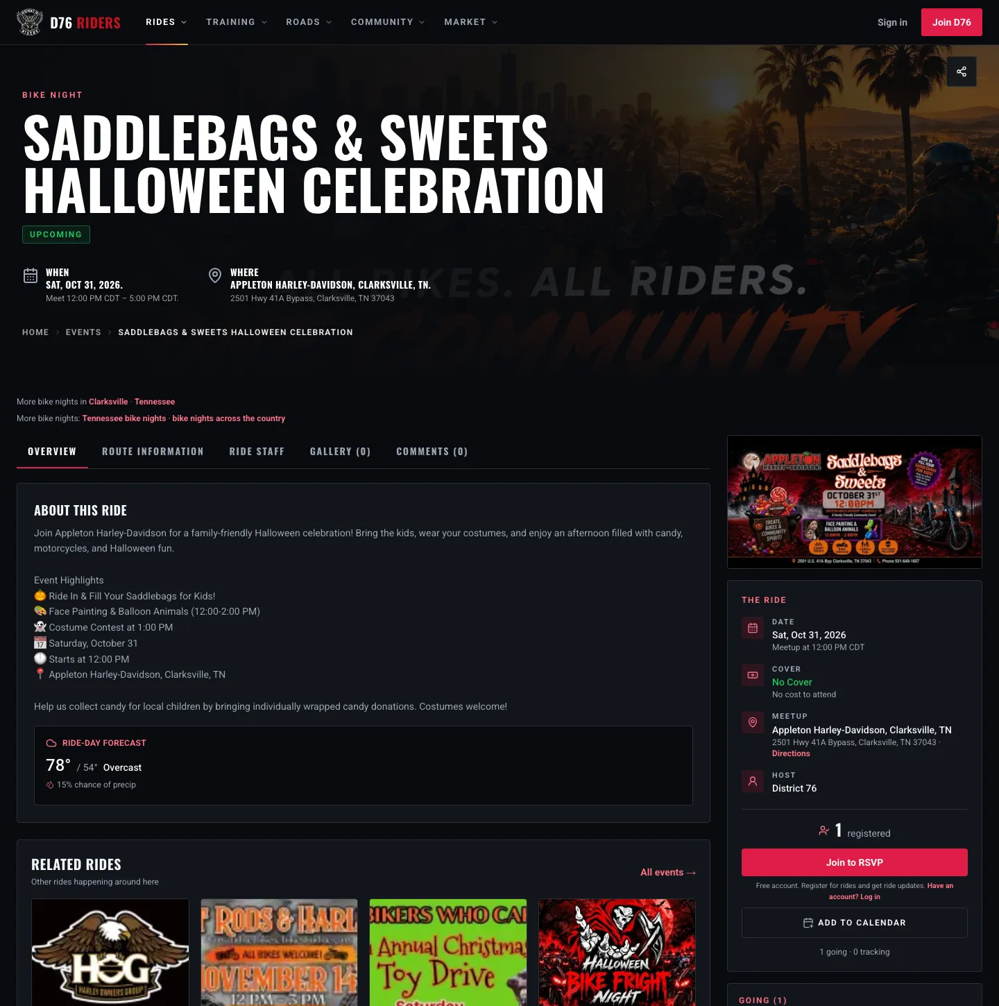 A live bike night page: when and where at the top, the event description, a ride-day forecast, and the event details card with date, cover, meetup address with directions, host, registration count and Add to calendar