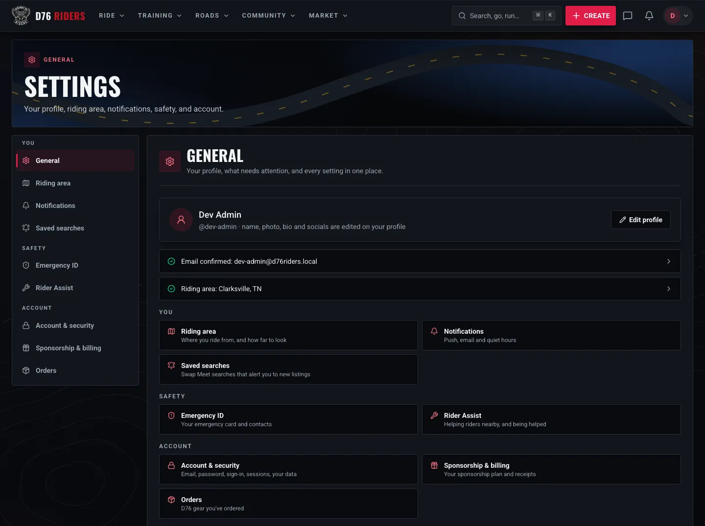 The rebuilt Settings General page: profile, email and riding-area checks, and every section grouped under You, Safety and Account