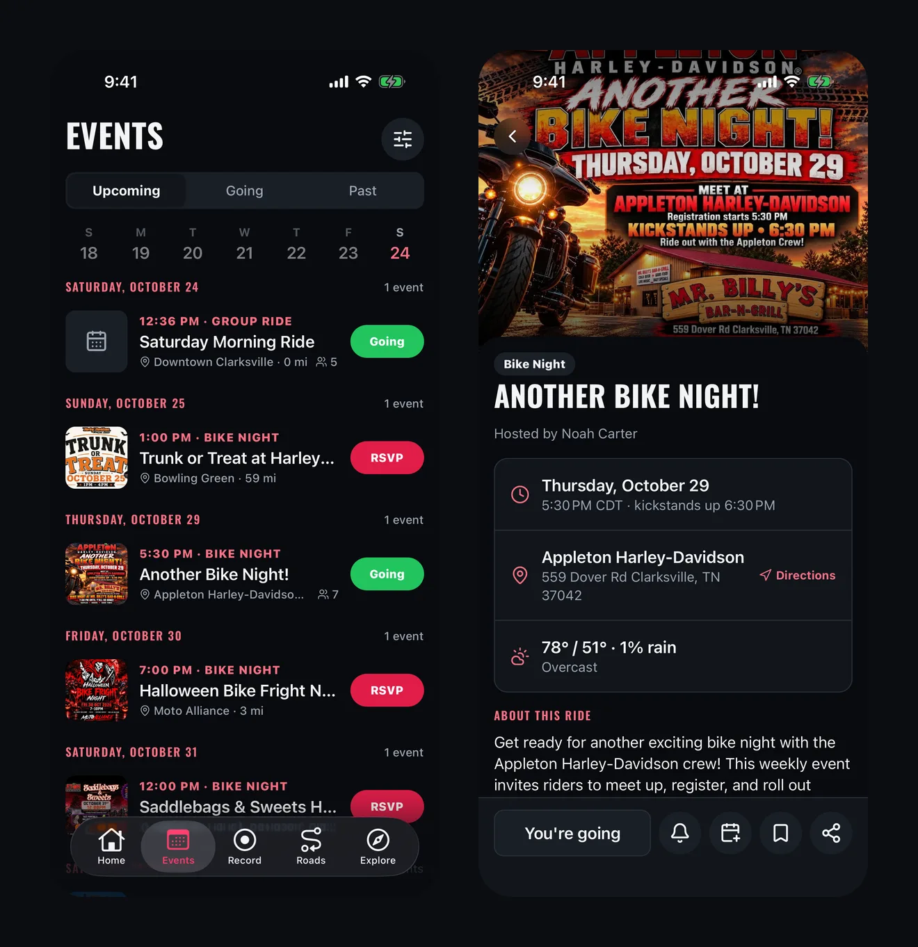 The app's Events tab, laid out by day with a strip of days, flyer thumbnails and RSVP buttons, next to an event page with a bike night flyer, the host, the date and kickstands-up time, the meeting place with directions and the forecast