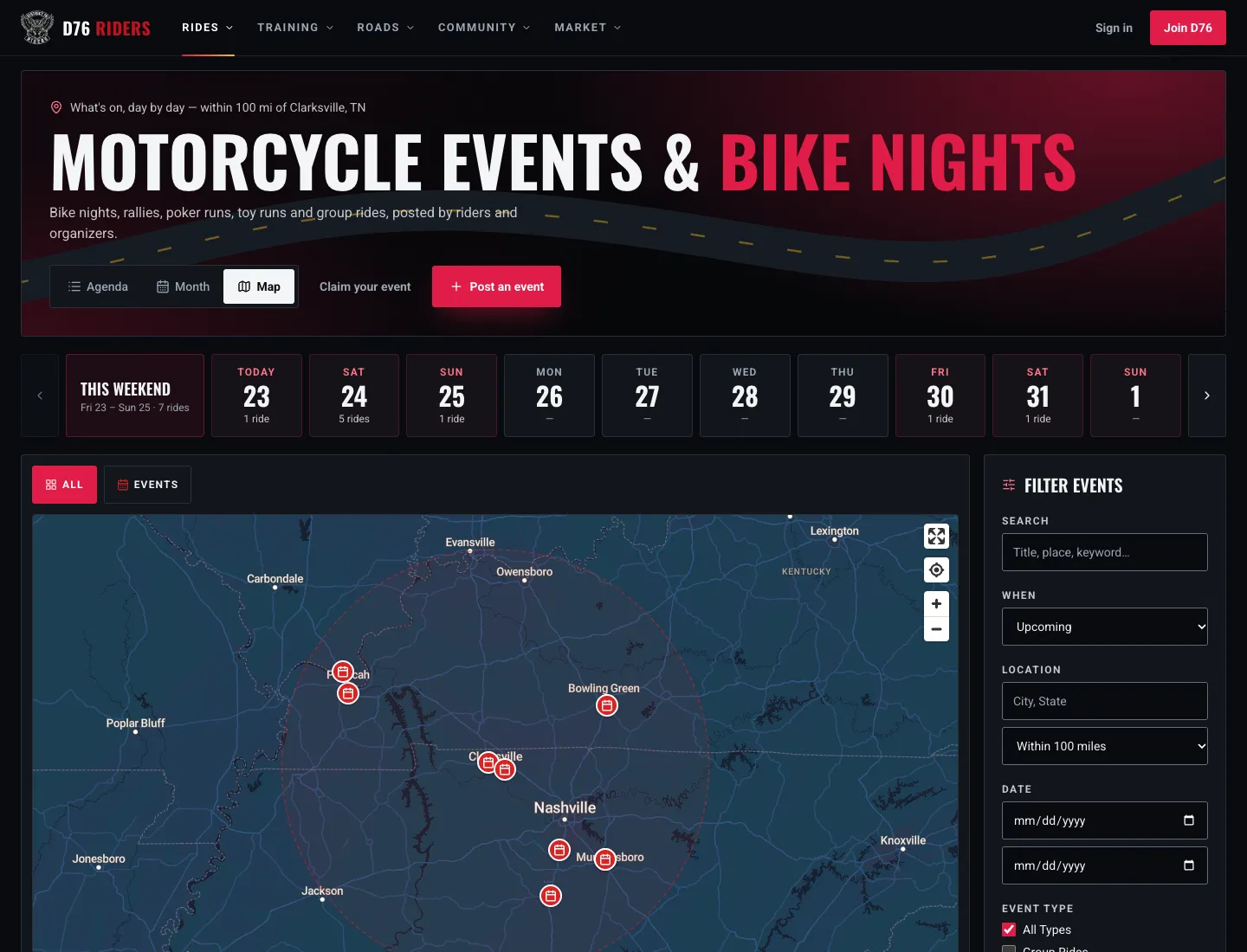 The Events map view: event pins around Clarksville and Nashville inside a dashed ring showing the 100-mile range