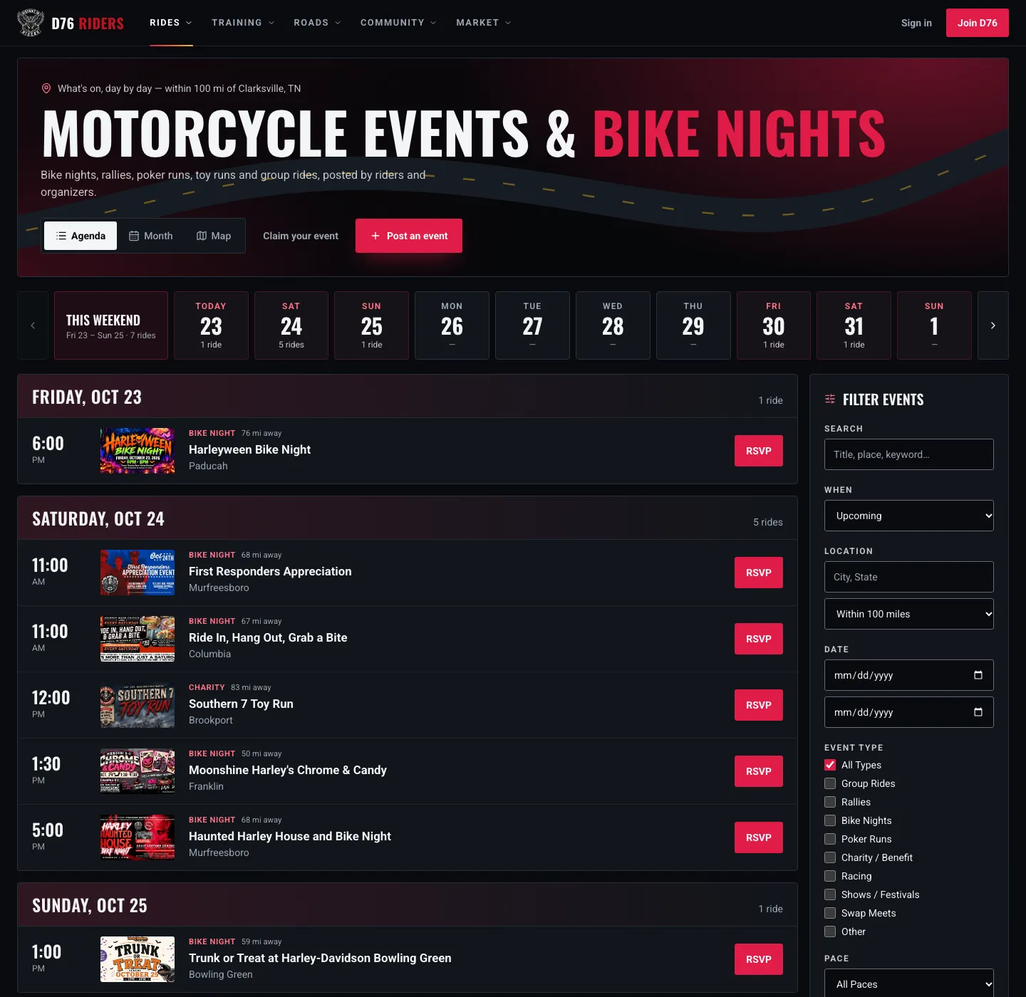 The Events page: a day strip with this weekend's count, then rides grouped by day with time, flyer, type, distance, title, place and an RSVP button, and the Filter Events panel