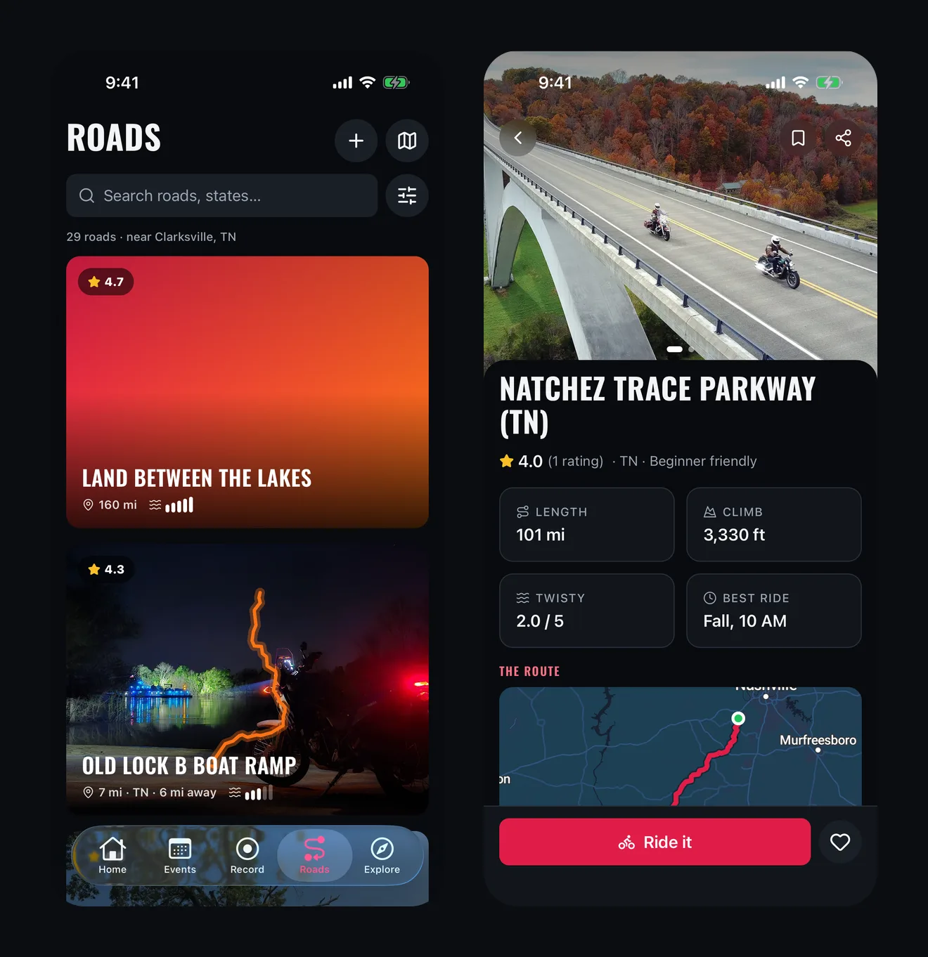 The app's Roads tab with photo-led road cards showing rating, length and twistiness, next to the Natchez Trace Parkway road page with a photo, the rating, length, climb, twistiness, best time to ride and the route on a map