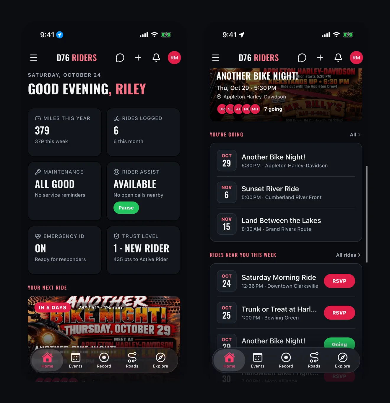 Two screens of the D76 app's dashboard: a greeting, then tiles for miles this year, rides logged, maintenance, Rider Assist availability, Emergency ID and trust level, and below them the next ride with its flyer, the rides you are going to and rides near you this week