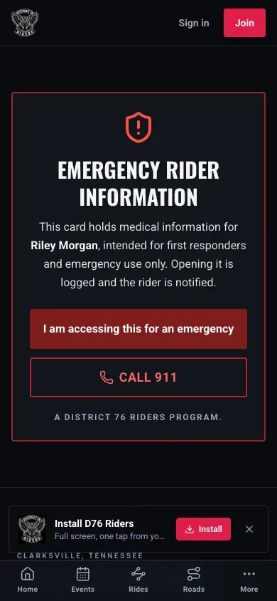 The screen a responder sees first on a phone: Emergency Rider Information, a note that the card holds medical information for first responders and emergency use only, that opening it is logged and the rider is notified, an I am accessing this for an emergency button and a Call 911 button