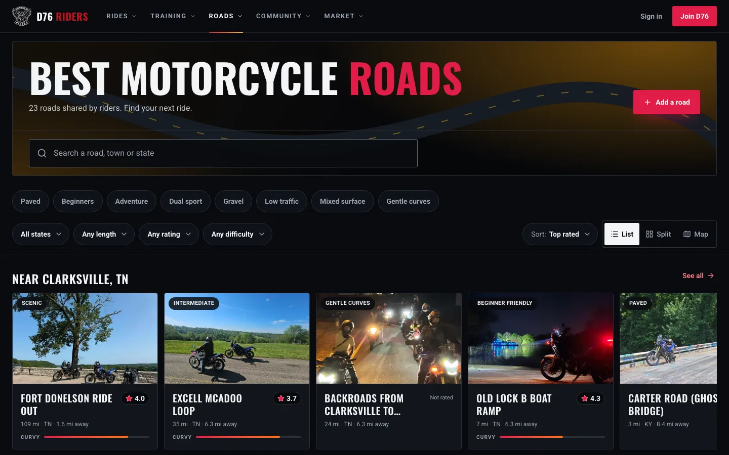 The Roads page with a Near Clarksville, TN row of member-shared roads above the top-rated list, each with its distance