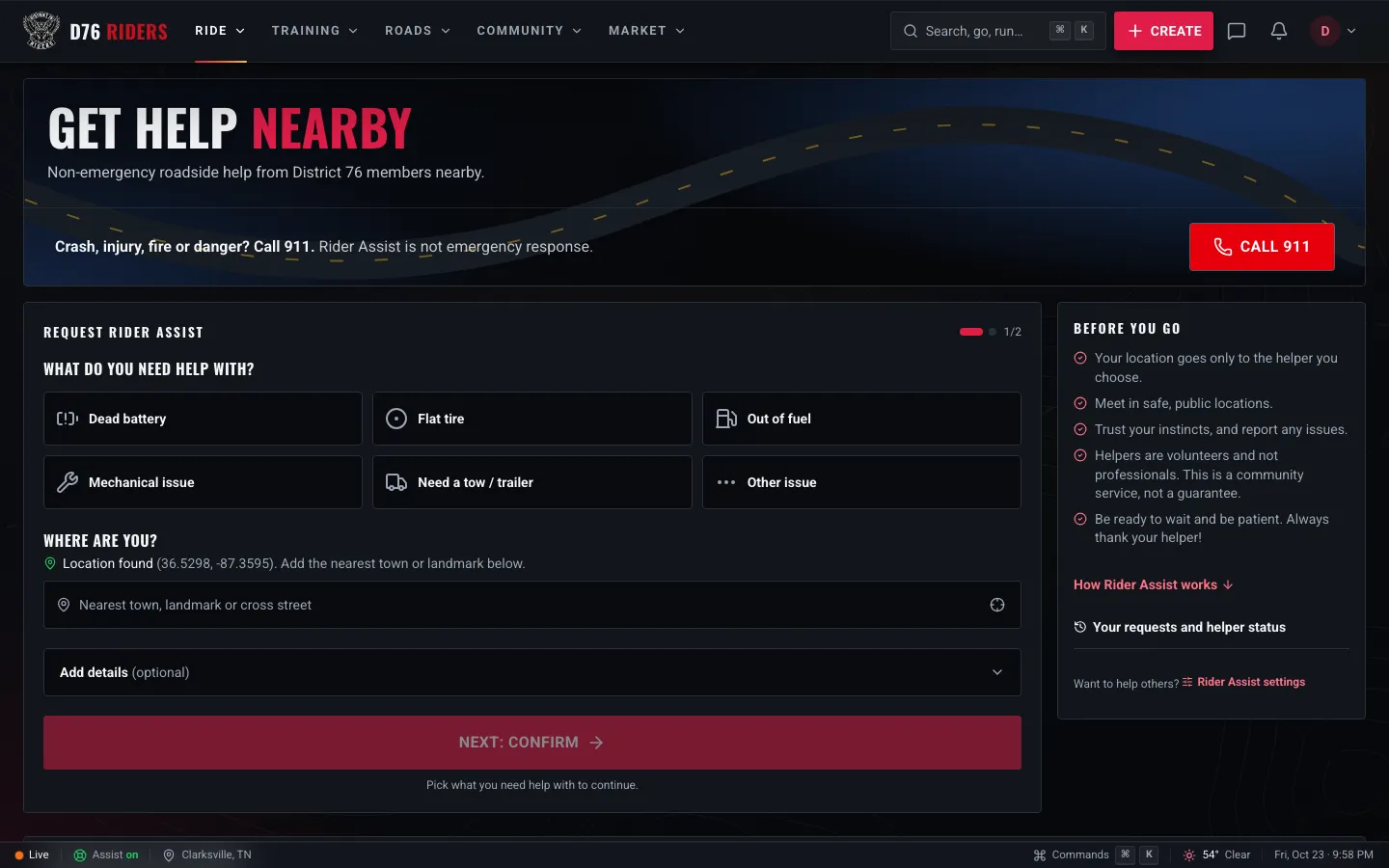 The Rider Assist request form: six problem types, the location step with the locate button, an optional details section, and a Before you go checklist