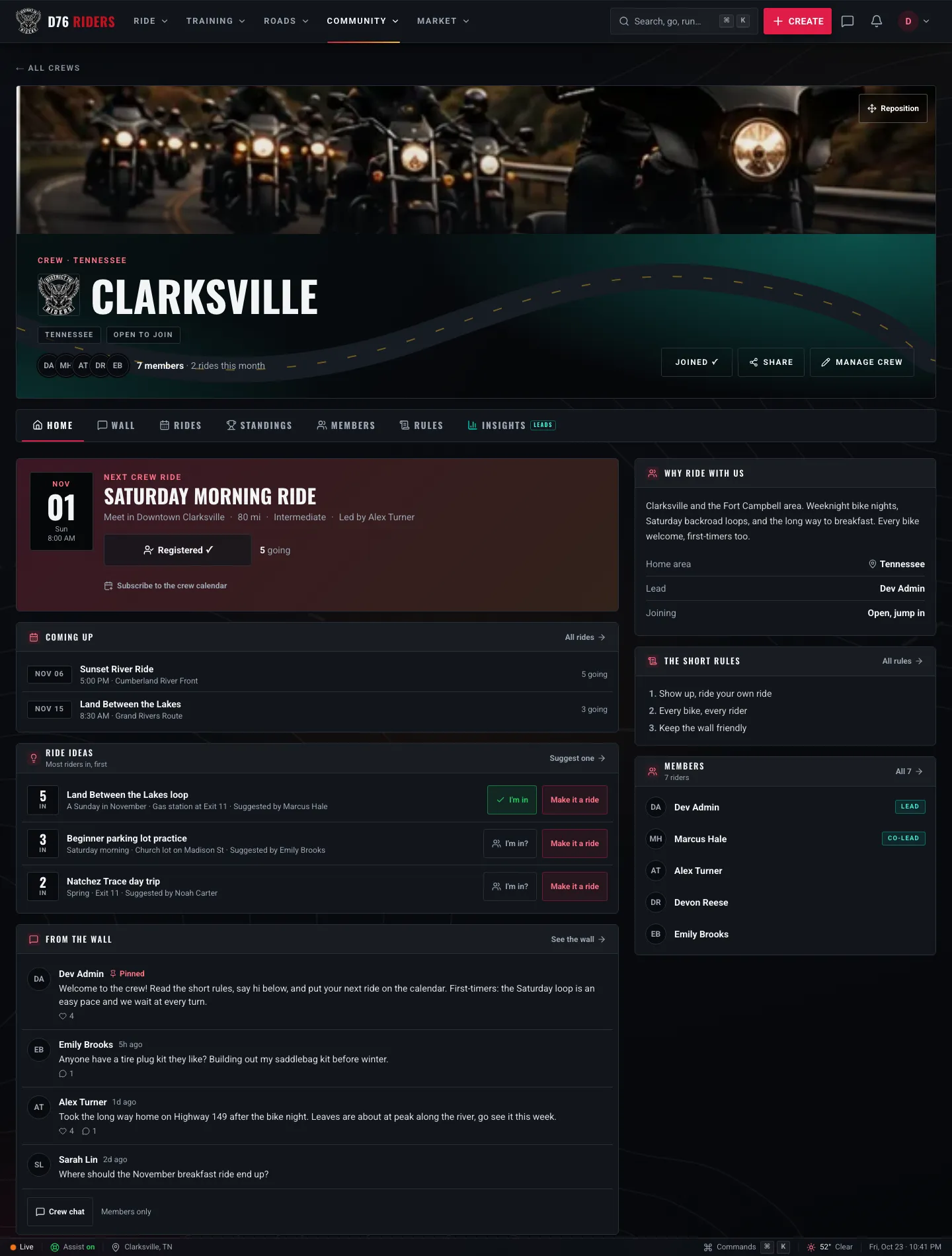 An example crew's Home tab: the next crew ride with an RSVP button and the number going, coming up, ride ideas ranked by riders in, the latest from the wall, why ride with us, the short rules, and members