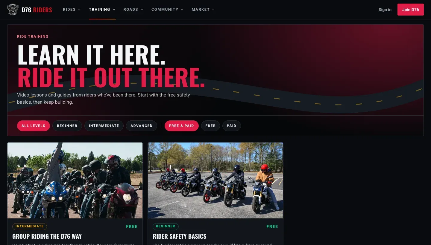 The Ride Training page: Learn it here, ride it out there, with filters for level and free or paid, and two free courses, Group Riding the D76 Way and Rider Safety Basics