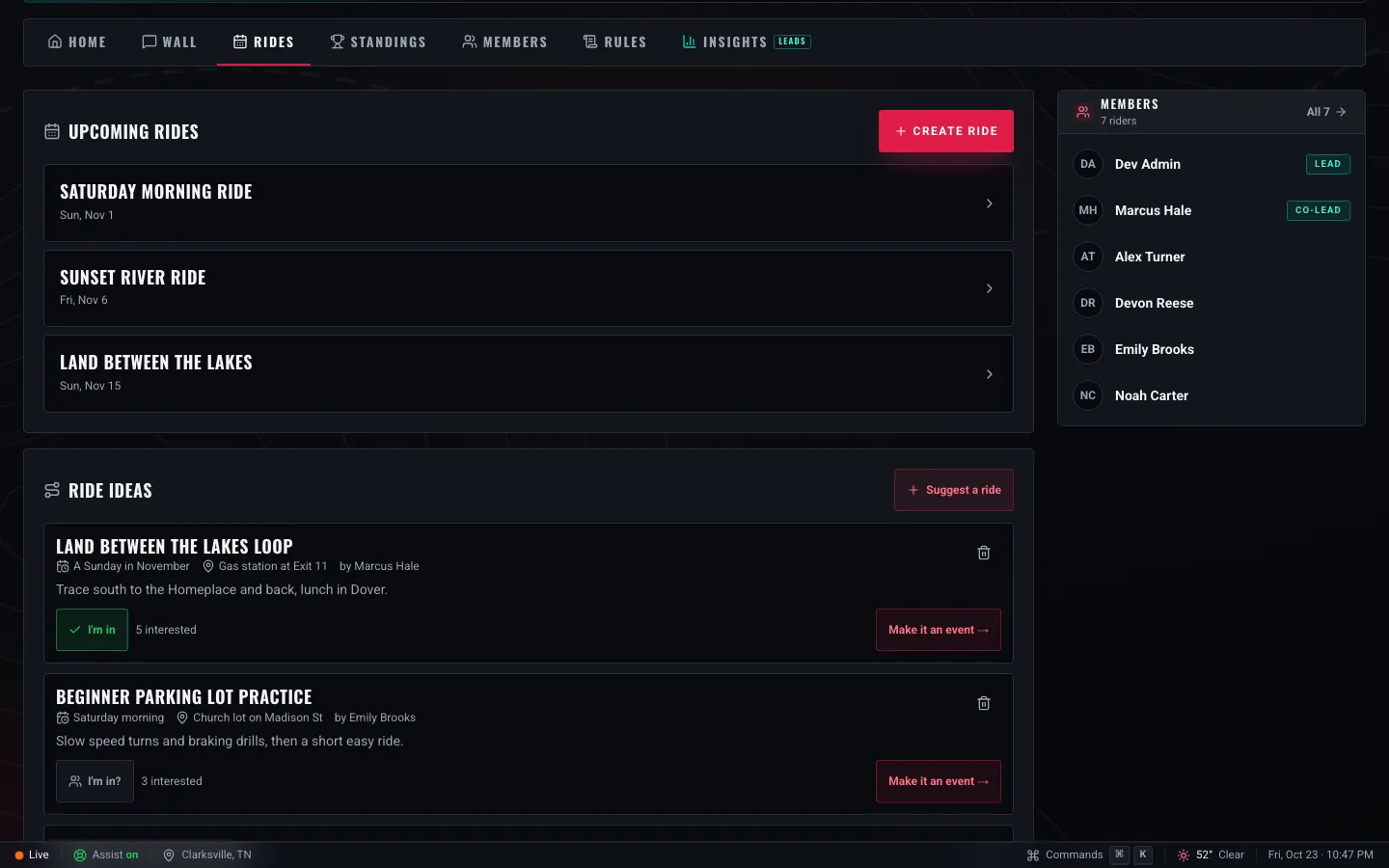 An example crew's Rides tab: upcoming crew rides, soonest first, and the ride ideas board with how many riders are interested and a Make it an event button