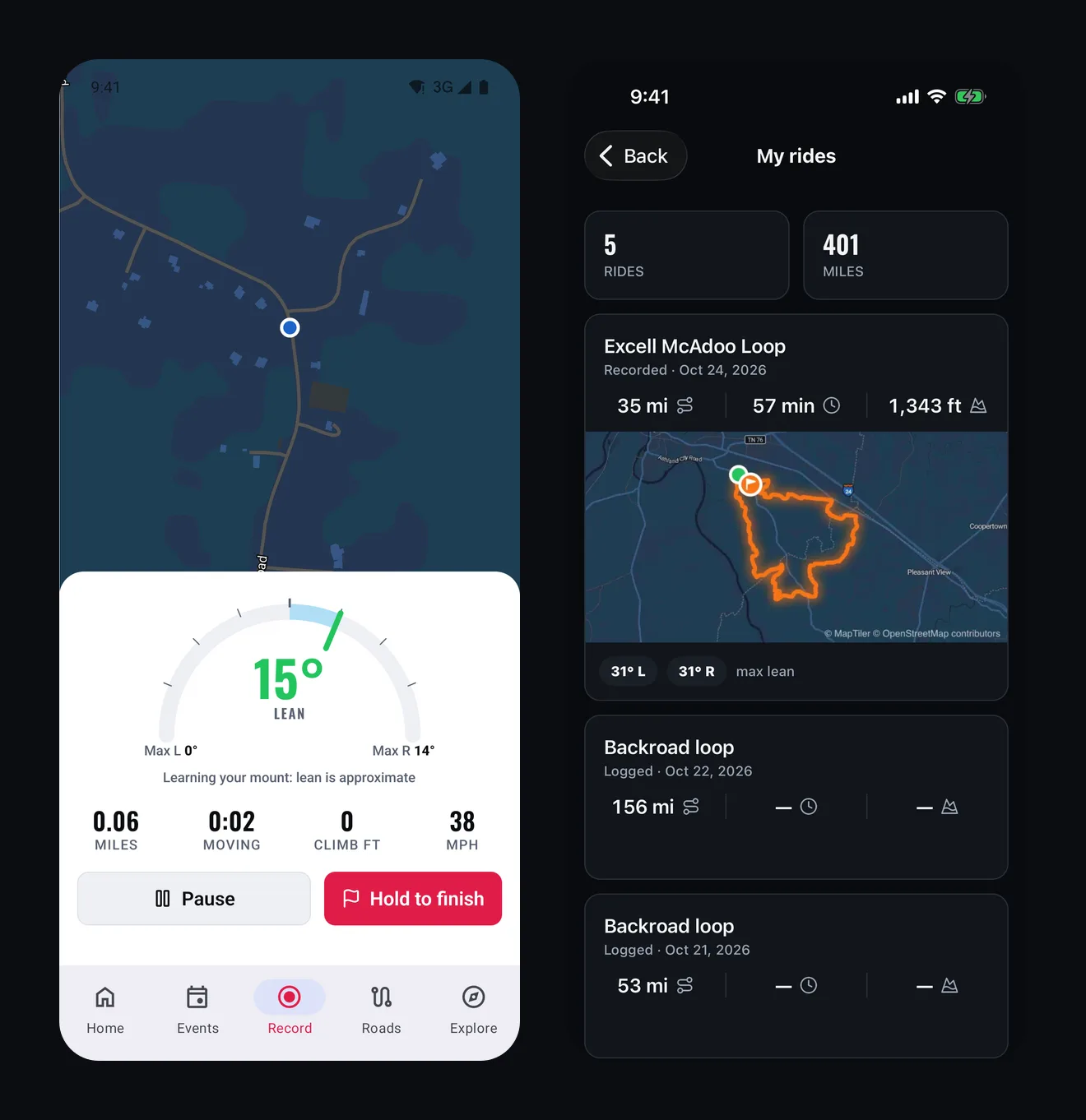 The app's Record screen on Android in light mode, recording a ride: a map of the road, a lean gauge reading 15 degrees with the most lean left and right so far, then miles, moving time, climb and live speed, with Pause and Hold to finish; next to it, My rides in dark mode with a recorded ride's card showing its miles, moving time, climb, the route on a map and its most lean each way