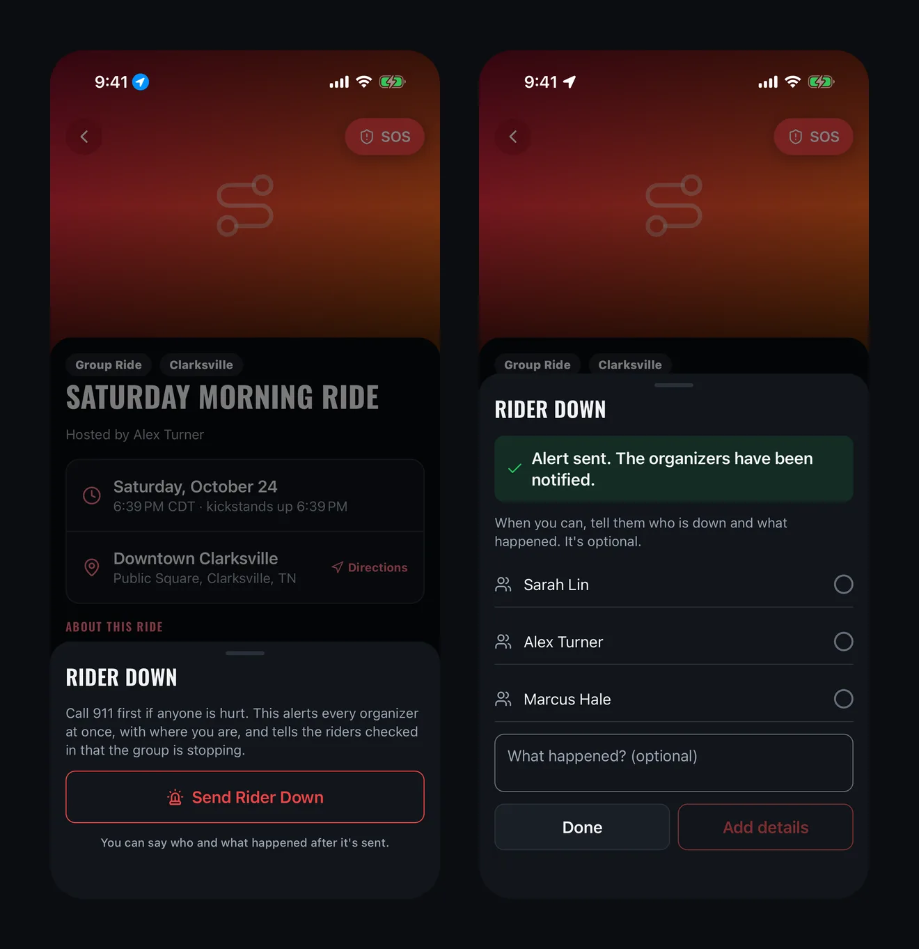 A live group ride page with the Rider Down sheet open: call 911 first, then one Send Rider Down button; next to it, the sheet after sending, confirming the organizers were alerted, with an optional step to say who is down and what happened