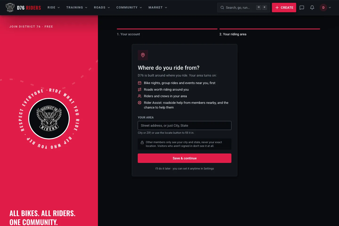 The join flow's riding-area step: what an area turns on, the location box, and a note that other members only see your city and state while visitors see nothing