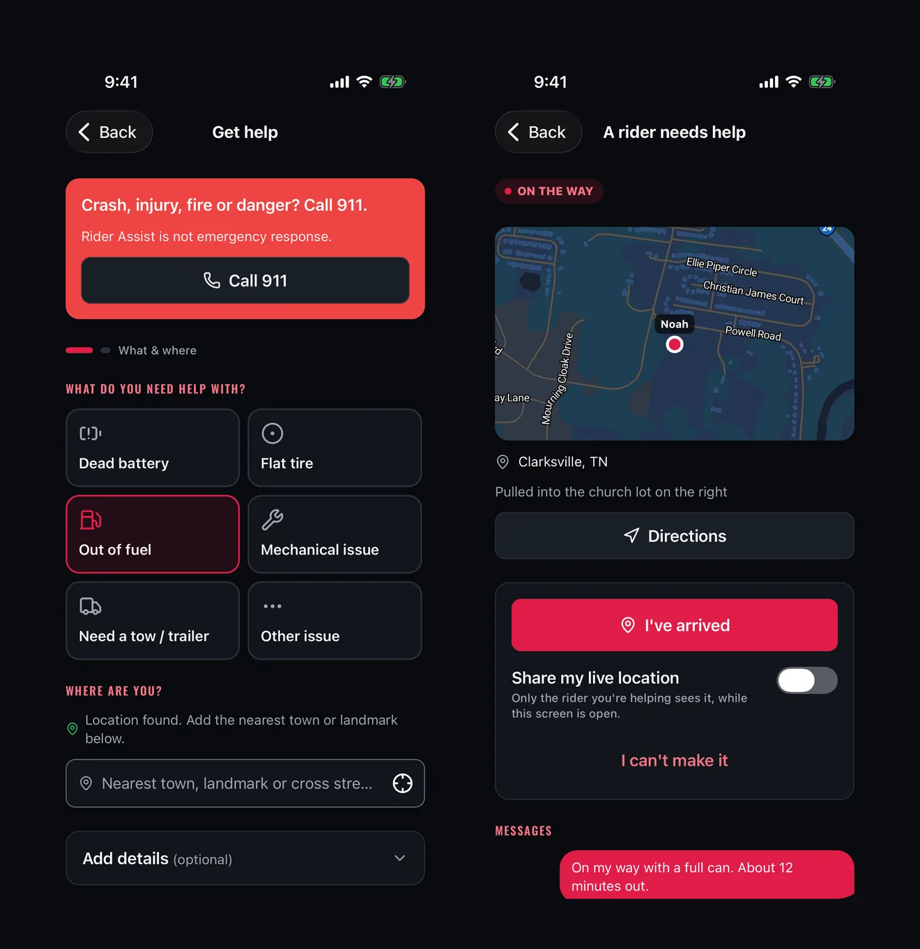 The app's Get help screen: a Call 911 card first, then tiles to pick the problem, with Out of fuel selected and the location found, next to a helper's view of a request with the map, directions, an I've arrived button, a switch to share live location and the message thread