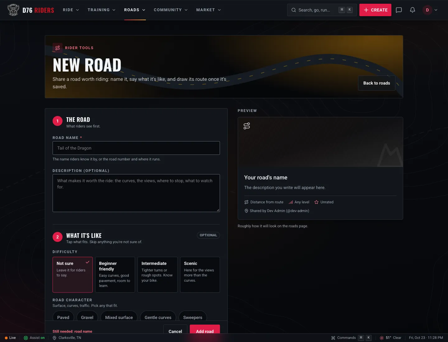 The New Road form: the road name and description, the difficulty choice between not sure, beginner friendly, intermediate and scenic, road character tags, and a live preview of the road card