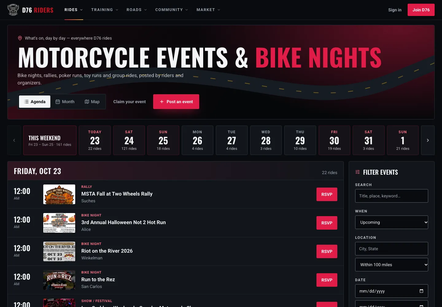The Events page with no riding area set: every ride D76 knows about, everywhere, with no distances